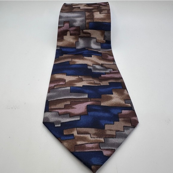 Fratello Necktie Blue Brown Abstract‎ Geometric Pattern Silk Blend Tie - Picture 1 of 12